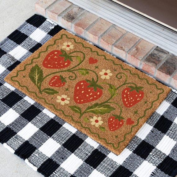 Strawberry Garden Doormat, Vintage Strawberry Doormat, Whimsical Strawberry Doormat, Welcome Mat for Spring and Summer, Vintage Aesthetic