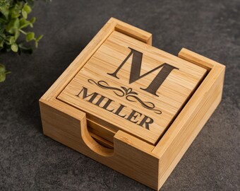 Personalized Monogram Coasters, Bamboo Coaster Set, Custom Initial Coasters, Engraved Wood Coasters, Housewarming Gift, Wedding Gift