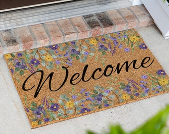 Floral Doormat with Colorful Wildflowers, Vibrant Home Decor, Blueberry and Floral Welcome Mat, Floral Home Decor, Blueberry Home Decor