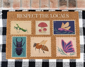 Respect the Locals Doormat, Insect and Nature Design, Eco-Friendly Welcome Mat, Vintage Stamps Doormat, Insect Home Decor