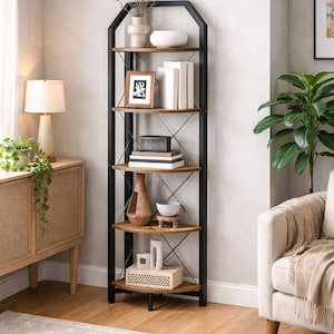 4 Tier Corner Shelf Industrial Bookcase, Space Saving Corner Storage Stand, Rustic Wood Metal Shelves, Plant Display Rack for Living Room