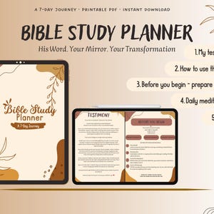 Peut inclure: Planificateur d'étude biblique numérique avec le texte "Bible Study Planner" et "A 7-Day Journey". Le planificateur comprend des sections pour le témoignage, la méditation quotidienne et la préparation. Le design présente une palette de couleurs neutres avec des éléments floraux décoratifs.