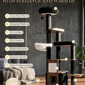 May include: A multi-level cat tree with a cozy plush perch, jumping platform, XL cat bed, cat condos, fluffy hammock, groomer brush, and sisal climbing ramp. The cat tree is black, brown, and white, with the text "Transforming Spaces With Elegance and Warmth". Designed in Australia.