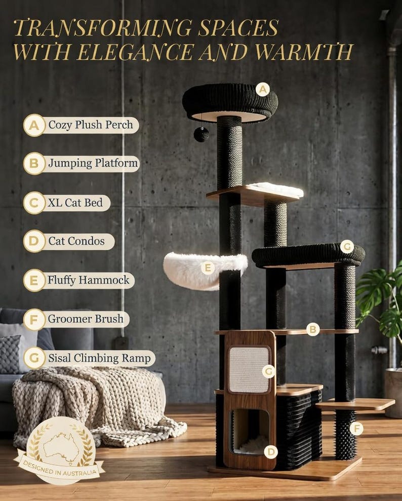May include: A multi-level cat tree with a cozy plush perch, jumping platform, XL cat bed, cat condos, fluffy hammock, groomer brush, and sisal climbing ramp. The cat tree is black, brown, and white, with the text "Transforming Spaces With Elegance and Warmth". Designed in Australia.