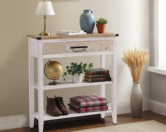 Farmhouse Console Table with Drawer | Rustic Entryway Table 3 Tier Storage Shelves, Narrow Sofa Table for Hallway Living Room Washed White