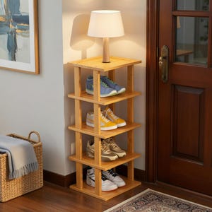 Corner Bamboo Shoe Rack Organizer 5 Tier | Tall Narrow Shoe Storage for Small Spaces Entryway Closet Bedroom Stackable Vertical Shoe Rack