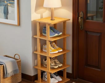 Zapatero esquinero de bambú de 5 niveles / Almacenamiento de zapatos alto y estrecho para espacios pequeños, ideal para recibidor, armario o dormitorio. Zapatero vertical apilable.