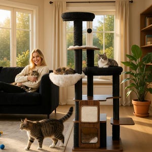 May include: A multi-level cat tree with a dark brown wooden base and black posts. The cat tree has multiple platforms, a hammock, and a scratching post. Several cats are resting on the tree. A woman is sitting on a black couch holding two cats.