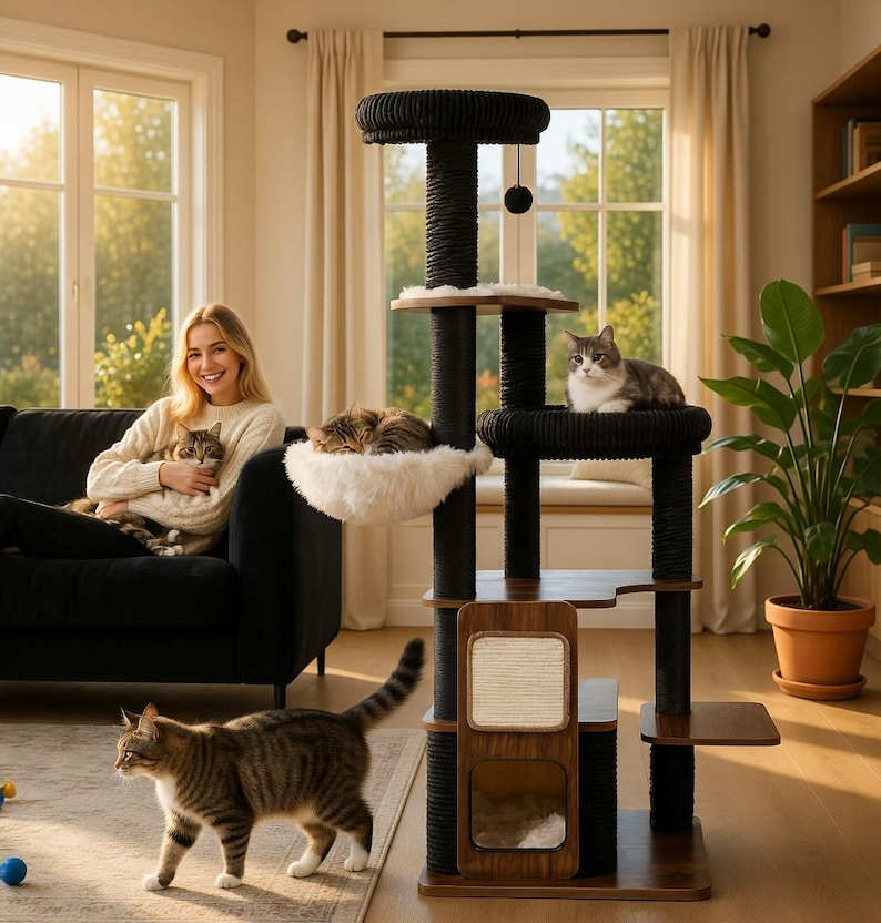 May include: A multi-level cat tree with a dark brown wooden base and black posts. The cat tree has multiple platforms, a hammock, and a scratching post. Several cats are resting on the tree. A woman is sitting on a black couch holding two cats.