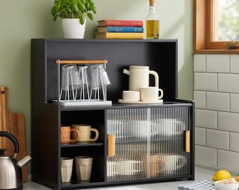Armario de cocina de bambú de 3 niveles con puertas correderas de cristal / Organizador de despensa para encimera, especiero, pequeño armario de almacenamiento para cocina