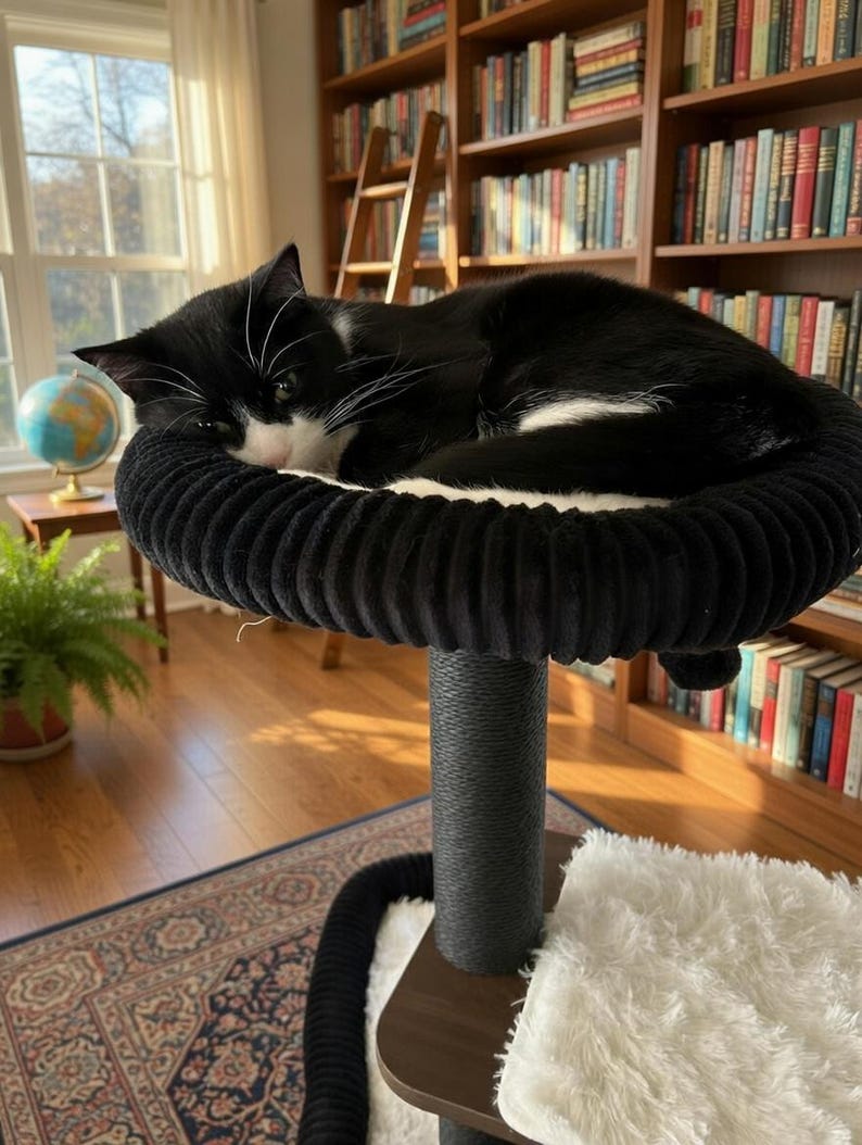 May include: A black and white cat resting on a black cat tree with a round, plush top. The cat tree has a dark gray post and a brown base. A bookshelf filled with books is in the background.