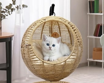 Rattan Cat Swing Bed with Stand | Wicker Hanging Cat Hammock Chair Indoor Outdoor, Removable Cushion Pet Bed for Cats & Small Dogs