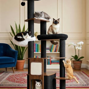 May include: A multi-level cat tree with multiple platforms, scratching posts, and a hideaway. Several cats of varying colors are lounging on the platforms. The cat tree is made of wood, black rope, and plush materials, providing a comfortable and engaging space for feline friends.