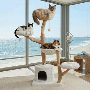 May include: A multi-level cat tree with three cats resting on different platforms. The tree has a white base with a cat house, multiple platforms, and hanging toys. The cats are various colors, including gray, black and white, and brown.