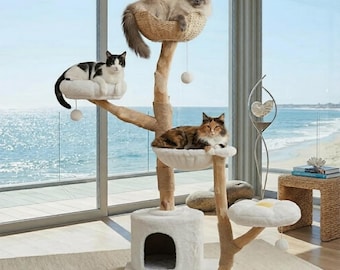 Luxury Solid Wood Cat Tree Tower for Large Cats, Cat Furniture with Flower Perches, Real Branch Scratching Post, Wicker Basket Bed & Condo