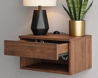 Mesita de noche flotante de pared con cajón / Mesita de noche moderna de roble claro con compartimento abierto, estante de almacenamiento para dormitorio que ahorra espacio