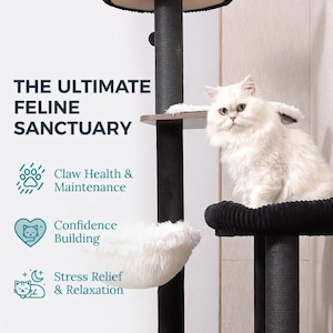May include: A multi-level cat tree with a white cat. The cat tree has black and brown elements, including a top perch, a hammock, and scratching posts. Text on the side reads "THE ULTIMATE FELINE SANCTUARY".