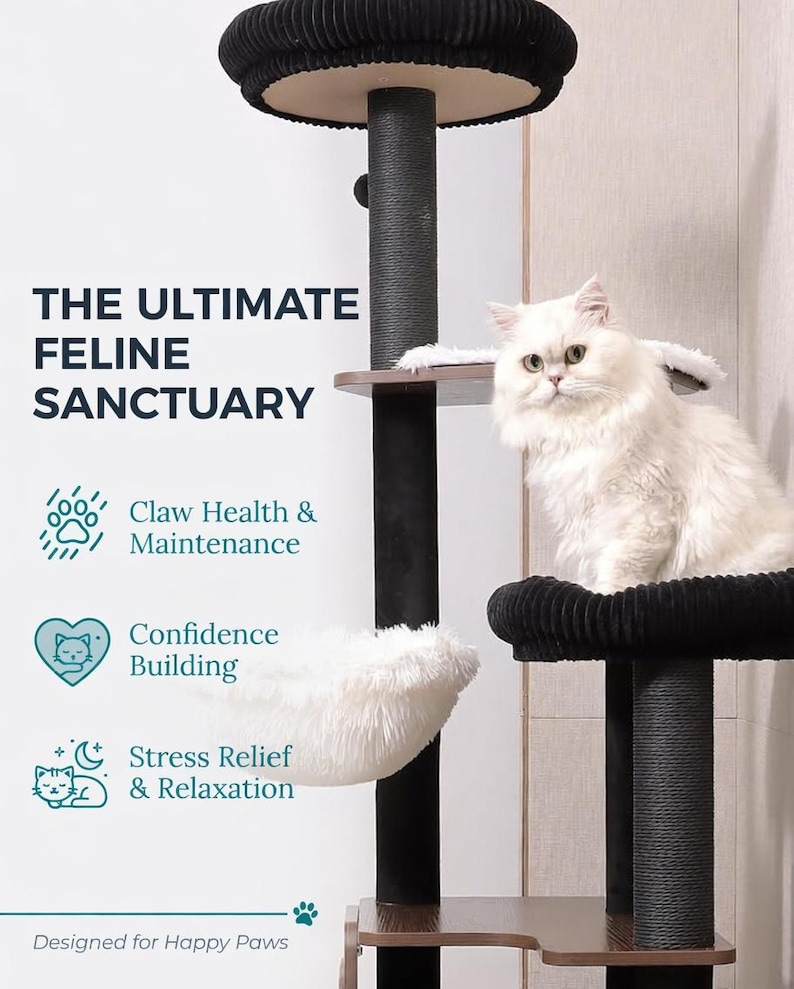 May include: A multi-level cat tree with a white cat. The cat tree has black and brown elements, including a top perch, a hammock, and scratching posts. Text on the side reads "THE ULTIMATE FELINE SANCTUARY".