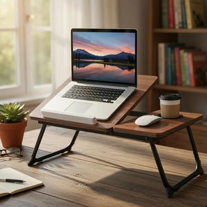May include: A wooden laptop desk with black metal legs, holding a laptop displaying a sunset scene. A small coffee cup and a computer mouse are on the desk. A potted succulent and a notebook are also visible.