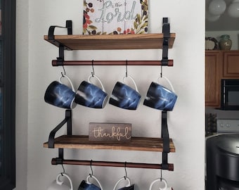 Estante rústico de madera con ganchos y toallero / Organizador de cocina negro carbonizado