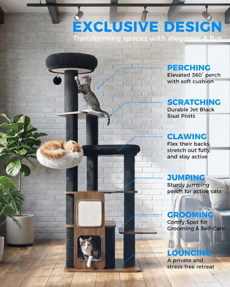May include: A multi-level cat tree with a black sisal scratching post, multiple perches, and a cozy lounging area. The cat tree has a wooden frame and includes the text "EXCLUSIVE DESIGN". Two cats are using the cat tree.