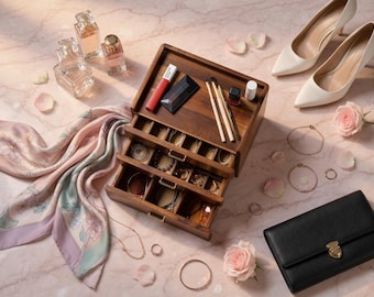 Joyero de madera para mujer: organizador grande de tres cajones con compartimentos para anillos, collares y pendientes.