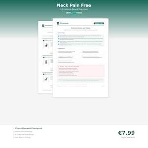 May include: A digital download titled "Neck Pain Free" with exercise illustrations. The document is designed by a physiotherapist and includes 6 evidence-based exercises at Level 1-Basic. The document includes technical notes and safety information.