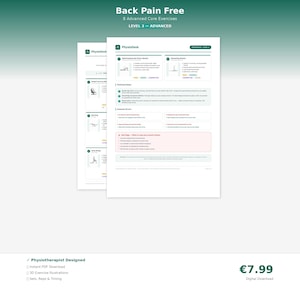 Könnte beinhalten: Ein digitaler PDF-Download mit dem Titel "Back Pain Free" mit Übungsillustrationen. Das Dokument wurde von einem Physiotherapeuten entworfen und enthält 8 fortgeschrittene Kernübungen. Das Dokument ist Level 3 Advanced.
