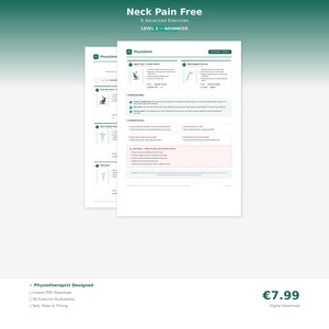 Puede incluir: Una descarga digital titulada "Neck Pain Free" con 8 ejercicios avanzados, nivel 3. La imagen muestra ilustraciones de ejercicios y el texto "Physiotherapist Designed". El precio se muestra como 7,99 €.