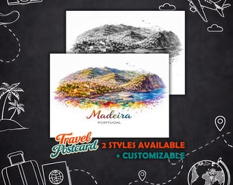 Personalized Madeira Postcard – Travel Map Portugal Postcard Illustration, Greeting Card City Postcard Souvenir Gift Card Holiday Card