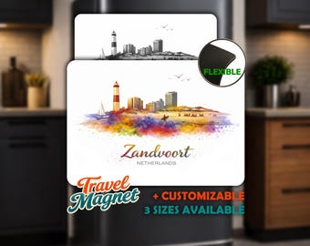 Zandvoort Fridge Magnet - Personalized • Flexible Flat Magnet • Netherlands Souvenir • Watercolor Skyline Travel Gift • Decorative Magnet