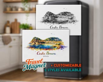 Personalized Costa Brava Fridge Magnet – Spain Souvenir Magnet – City Skyline Watercolor Travel Magnet Gift 78x53