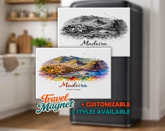 Personalized Madeira Fridge Magnet – Personalized Portugal Souvenir Magnet – City Skyline Watercolor Travel Magnet Gift 78 x 53 mm