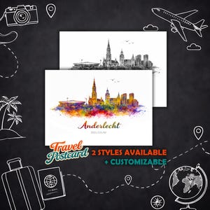 Puede incluir: Dos postales de viaje de Anderlecht, Bélgica. Una es un horizonte en blanco y negro, la otra es un diseño de acuarela colorido. También se ven las palabras "Travel Postcard" y "2 Styles Available + Customizable".