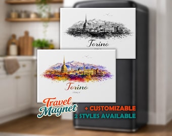 Personalized Turin Fridge Magnet – Italy Souvenir Magnet – Turin Skyline Watercolor Travel Magnet Gift 78 x 53 mm