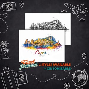 May include: Two Capri, Italy travel postcards. One is a watercolor painting with vibrant colors, the other is a black and white sketch. The colorful postcard has the word "Capri" in a cursive font. The text "2 STYLES AVAILABLE + CUSTOMIZABLE" is also visible.