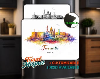 Tarent Fridge Magnet - Personalized • Flexible Flat Magnet • Italy Souvenir • Watercolor Skyline Travel Gift • Magnetic Board Decor