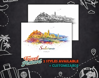 Salerno Personalized Postcard – Travel Map Italy Postcard Illustration, Greeting Card City Postcard Souvenir Gift Card Holiday Card