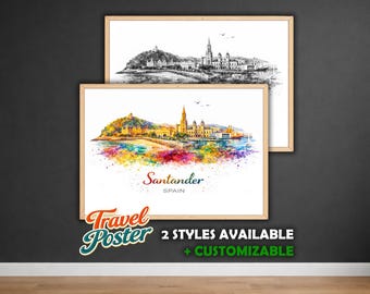 Personalized Santander Poster | Watercolor City Poster | Santander Skyline Art | Spain Wall Art Gift | Watercolor Poster City Print