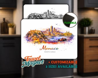 Monaco Fridge Magnet - Personalized • Flexible Flat Magnet • Monte Carlo Souvenir • Watercolor Skyline Travel Gift • Decorative Magnet