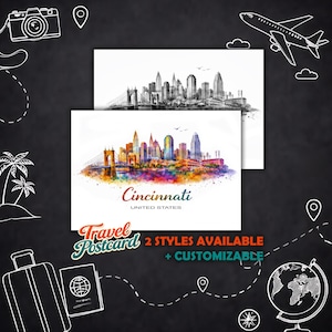 May include: Two Cincinnati travel postcards. One is a colourful watercolour skyline, the other is a black and white version. The colourful postcard has the city name and "United States" printed on it. The image also includes travel-themed illustrations.