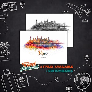 Personligt vykort från Vigo – Resekarta Spanien vykortsillustration, gratulationskort Vigo vykort souvenir presentkort julkort