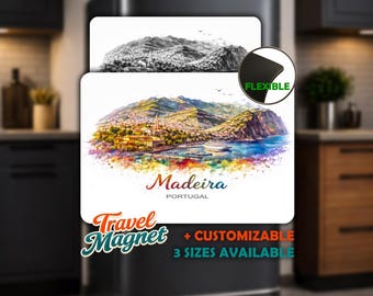 Madeira Fridge Magnet - Personalized • Flexible Flat Magnet • Portugal Souvenir • Watercolor Skyline Travel Gift • Magnetic Board Decor
