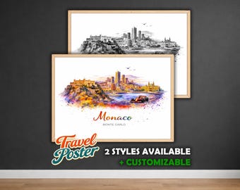 Personalized Monaco Poster | Watercolor City Poster | Monaco Skyline Art | Monte Carlo Wall Art Gift | Monaco Watercolor Poster Print