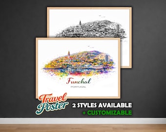 Funchal Personalized Poster | Watercolor City Poster | Madeira Skyline Art | Portugal Wall Art Gift | Funchal Watercolor Poster Print