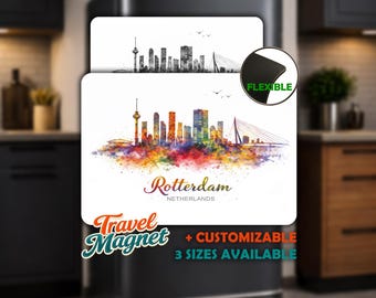 Rotterdam Fridge Magnet - Personalized • Flexible Flat Magnet • Netherlands Souvenir • Watercolor Skyline Travel Gift • Decorative Magnet