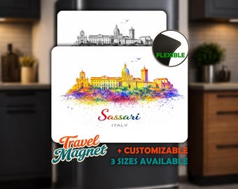 Sassari Fridge Magnet, Personalized • Flexible Flat Magnet • Italy Souvenir • Watercolor Skyline Travel Gift • Magnetic Board Decor