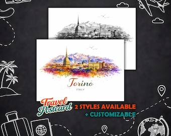 Personalized Turin Postcard – Travel Map Italy Postcard Illustration, Greeting Card Turin Postcard Souvenir Gift Card Holiday Card