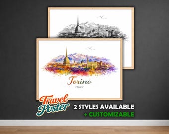 Personalized Turin Poster | Watercolor City Poster | Turin Skyline Art | Italy Wall Art Gift | Turin Watercolor City Poster Print