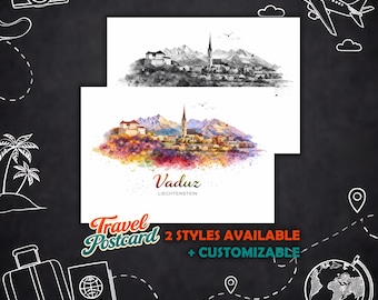 Personalized Vaduz Postcard – Liechtenstein Travel Map, Postcard Illustration, Greeting Card, Postcard Souvenir, Gift Card, Holiday Card